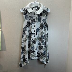 Damee Inc Sleeveless Jacket Vest SZ M Mesh Fishnet Sheer Tropical Pattern Palms